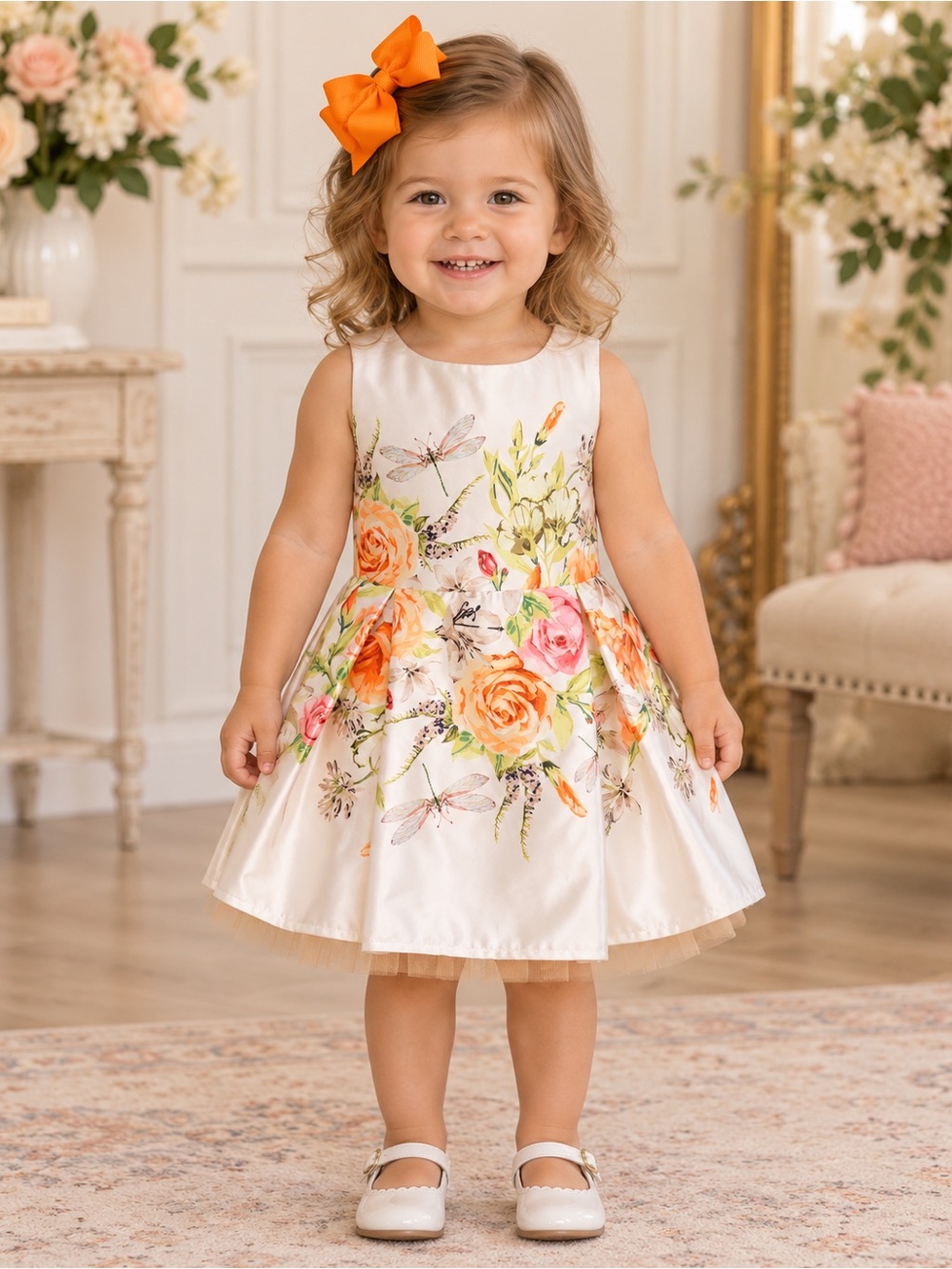 Nanette Girls 2T Ivory Floral Dress Dragonfly Print NWT + Orange Bow